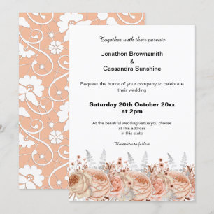 ELEGANT PEACH APRICOT LACE FLORAL DIAMOND WEDDING INVITATION