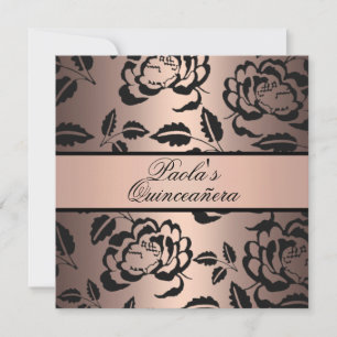 Elegant Peach & Black Rose Quinceañera Invitation