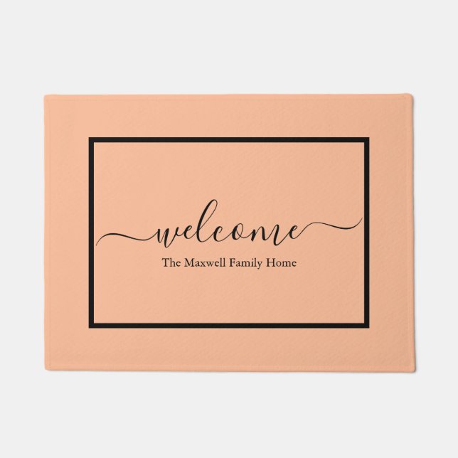 Elegant peach black script family name welcome  doormat (Front)