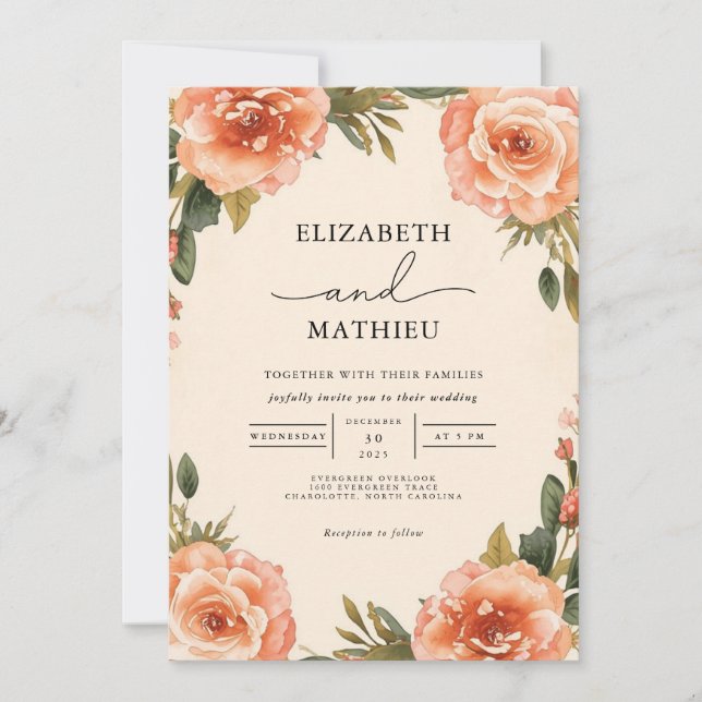 Elegant Peach Blossom Botanical Wedding Invitation (Front)