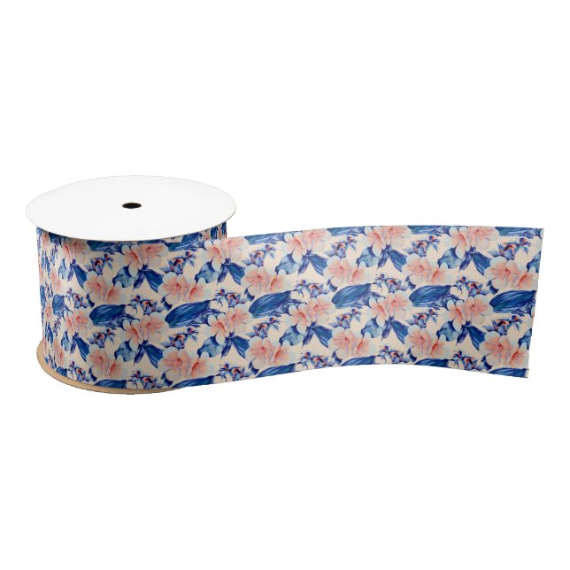 elegant peach blue floral tiled pattern  satin ribbon (Spool)