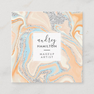 Elegant peach blue marble silver glitter makeup square business card