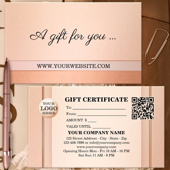 Elegant Peach Blush Gift Certificate Template (Elegant business card sized gift card voucher in peach and blush pink with a rose gold lining)