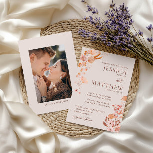 Elegant Peach Boho Style Floral Photo Invitation