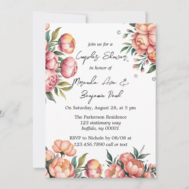 Elegant Peach Bouquet with Diamonds Couples Shower Invitation (Front)