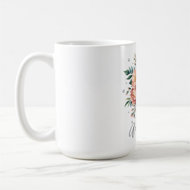 Elegant Peach Bouquet with Diamonds Wedding Coffee Mug (Left)