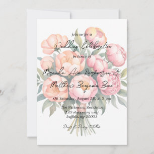 Elegant Peach Bouquet with Diamonds Wedding Invitation