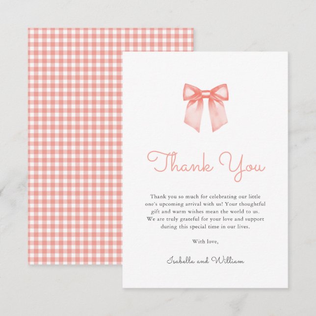 Elegant Peach Bow Baby Shower Thank You Card (Front/Back)