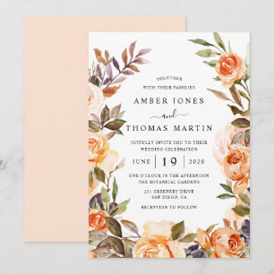 Elegant Peach Burnt Orange Wreath Wedding Invitation