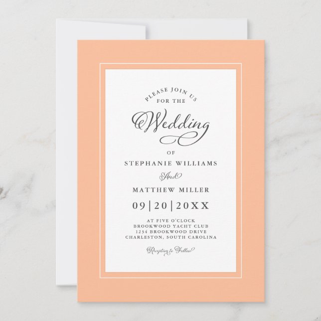 Elegant Peach Chic Modern Calligraphy Wedding Invitation (Front)