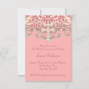 Elegant Peach Coral First Communion Invitation