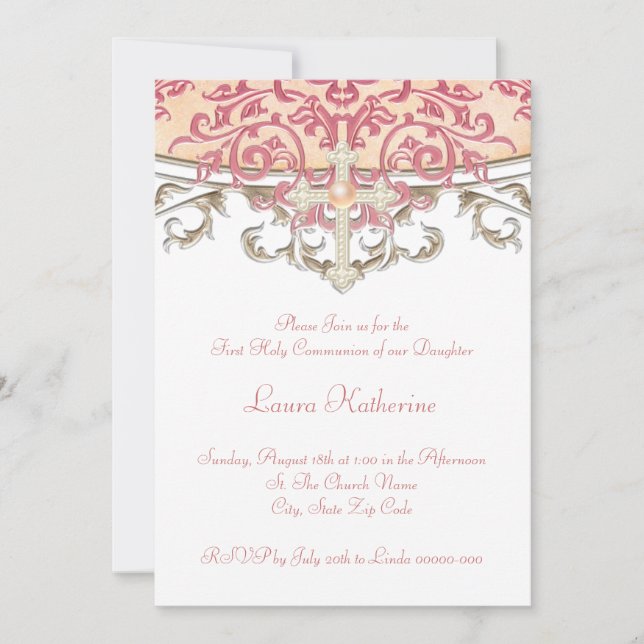 Elegant Peach Coral First Communion Invitation (Front)