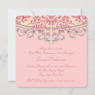 Elegant Peach Coral First Communion Invitation