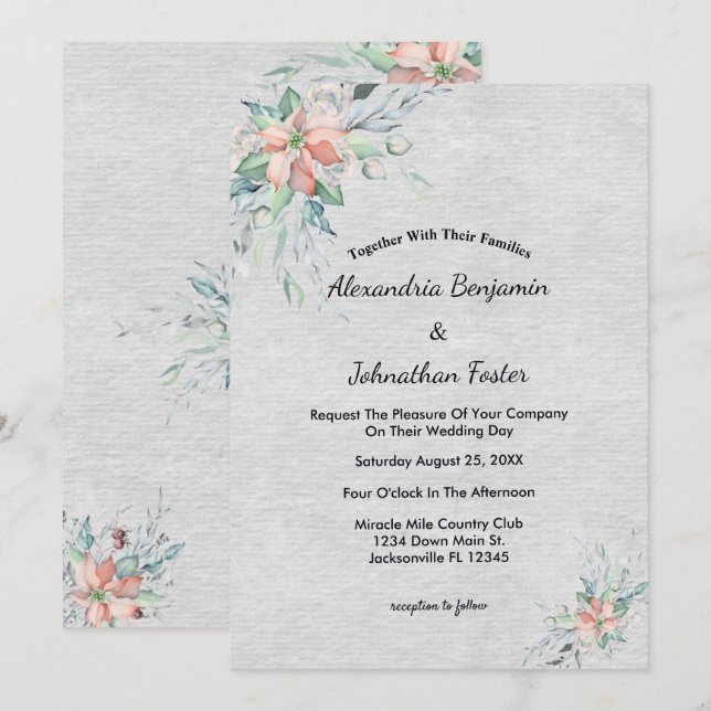 Elegant Peach Coral Flowers Bouquet Wedding Invitation (Front/Back)