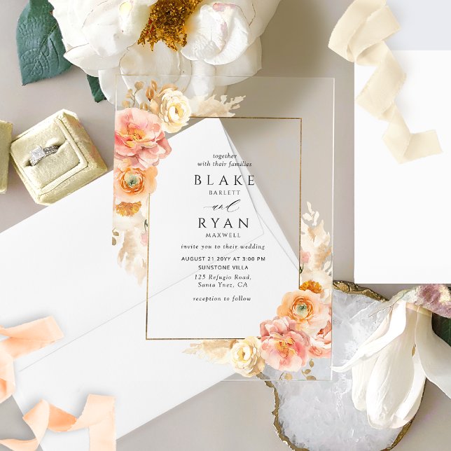 Elegant Peach, Cream and Yellow Floral Wedding Acrylic Invitations (Creator Uploaded)