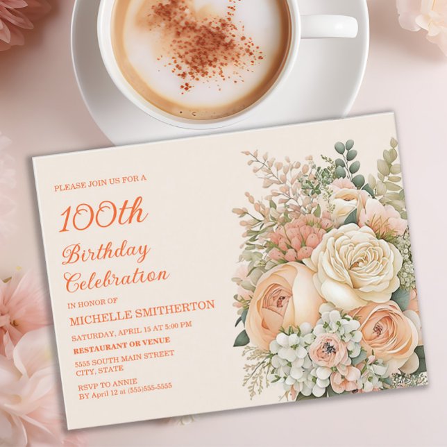 Elegant Peach Cream Coloured Floral 100th Birthday Invitation Postcard (Peach and pink floral 100th birthday party invitation)