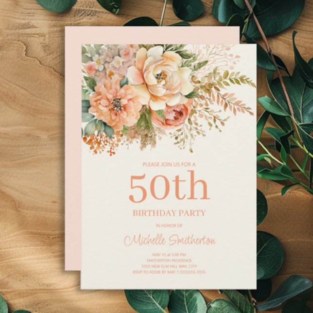 Elegant Peach Cream Floral 50th Birthday Invitation (Peach and cream floral 50th birthday party invitation)