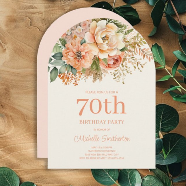 Elegant Peach Cream Floral 70th Birthday Arch Invitation (Peach and cream-colored watercolor floral arch-shaped 70th birthday party invitation)