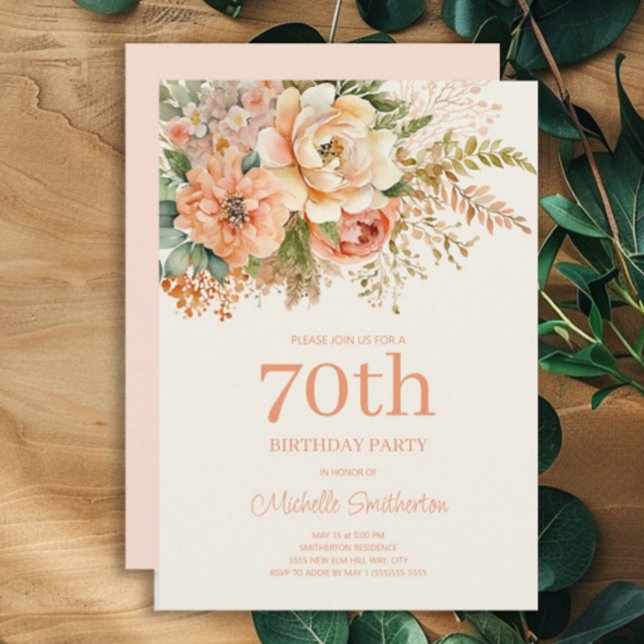 Elegant Peach Cream Floral 70th Birthday Invitation (Peach and cream watercolor floral 70th birthday party invitation)