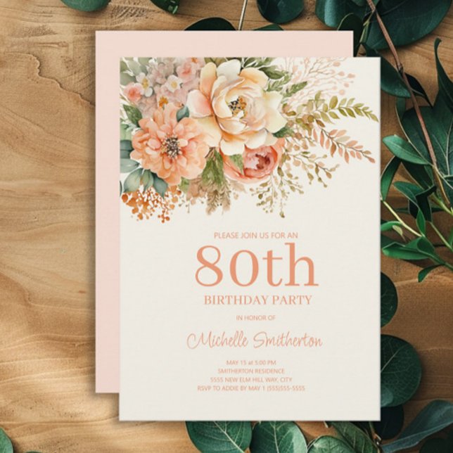 Elegant Peach Cream Floral 80th Birthday Invitation (Peach and cream floral 80th birthday party invitation)
