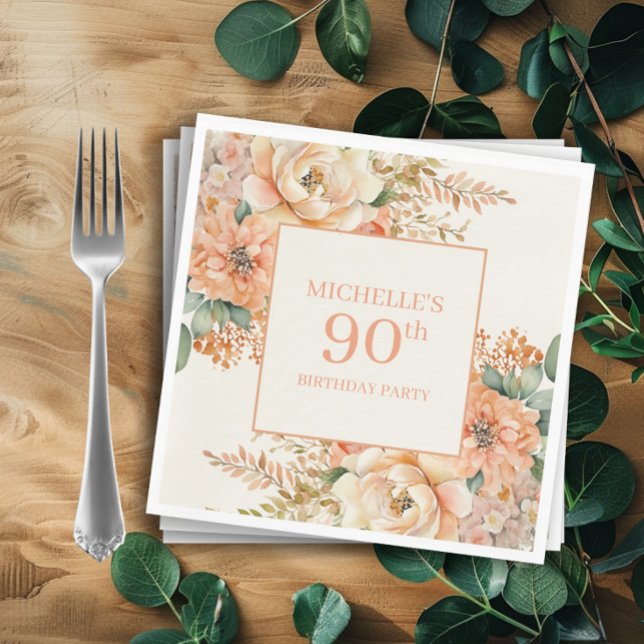 Elegant Peach Cream Floral 90th Birthday Napkin (Peach and cream-colored watercolor floral birthday party paper napkins)