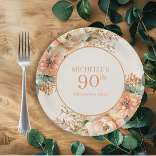 Elegant Peach Cream Floral 90th Birthday Paper Plate