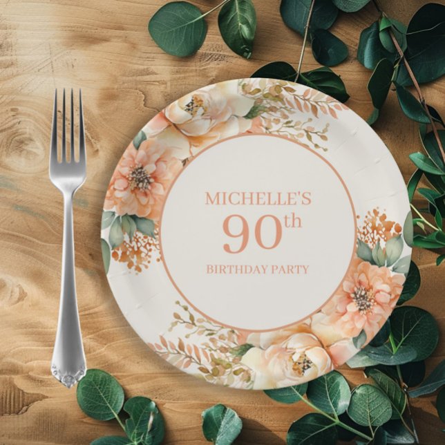 Elegant Peach Cream Floral 90th Birthday Paper Plate (Peach and cream watercolor floral birthday party paper plates)