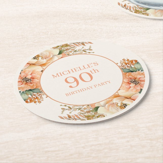 Elegant Peach Cream Floral 90th Birthday Round Paper Coaster (Angled)