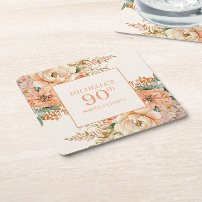 Elegant Peach Cream Floral 90th Birthday Square Paper Coaster (Angled)