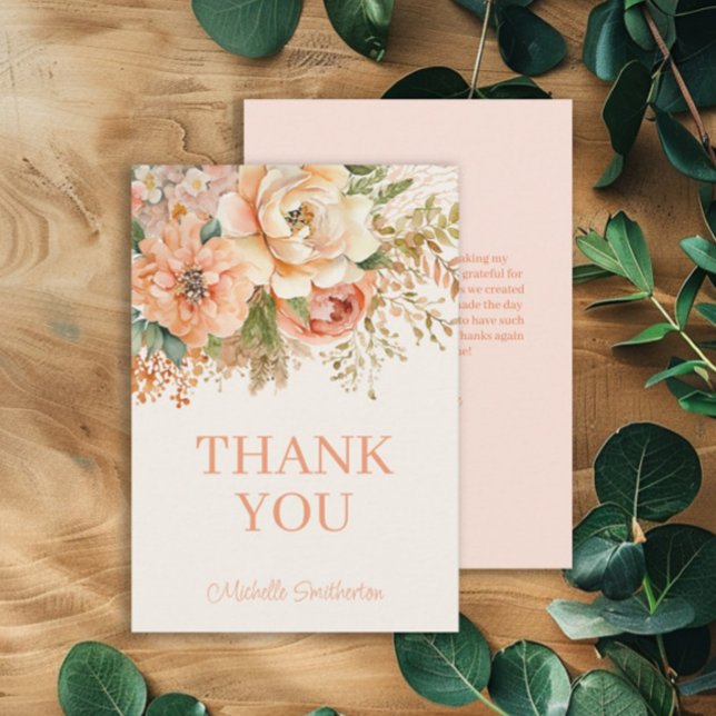 Elegant Peach Cream Floral Birthday  Thank You Card (Peach and cream-colored watercolor floral birthday party thank you card. )
