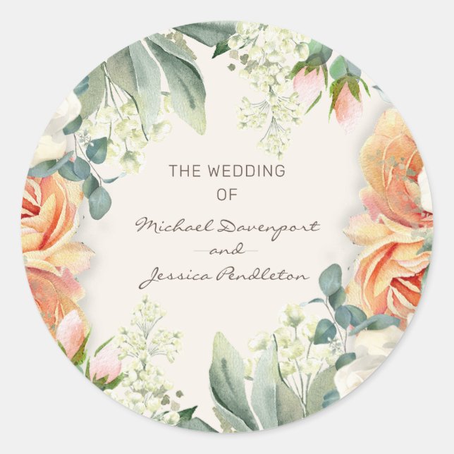 Elegant Peach Cream Floral Eucalyptus Wedding Classic Round Sticker (Front)