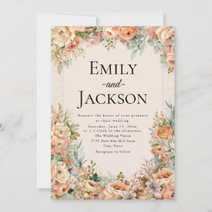 Elegant Peach Cream Floral Wedding Invitation