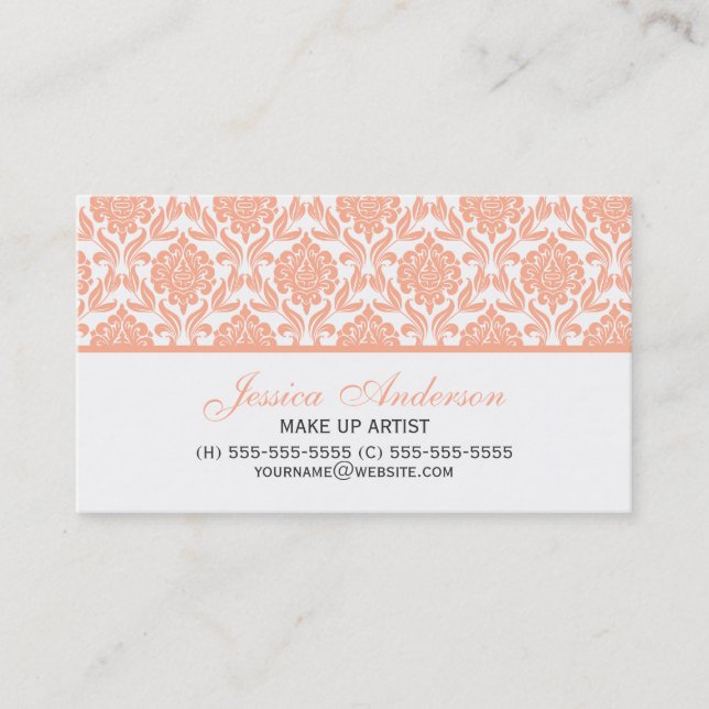 Elegant Peach Damask Pattern Business Card (Front)