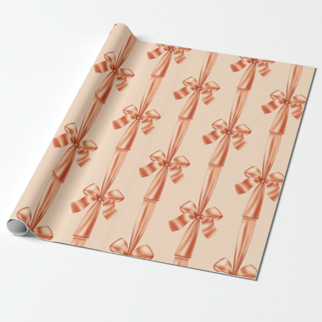 Elegant Peach Faux Satin Ribbon Bow Wrapping Paper (Unrolled)