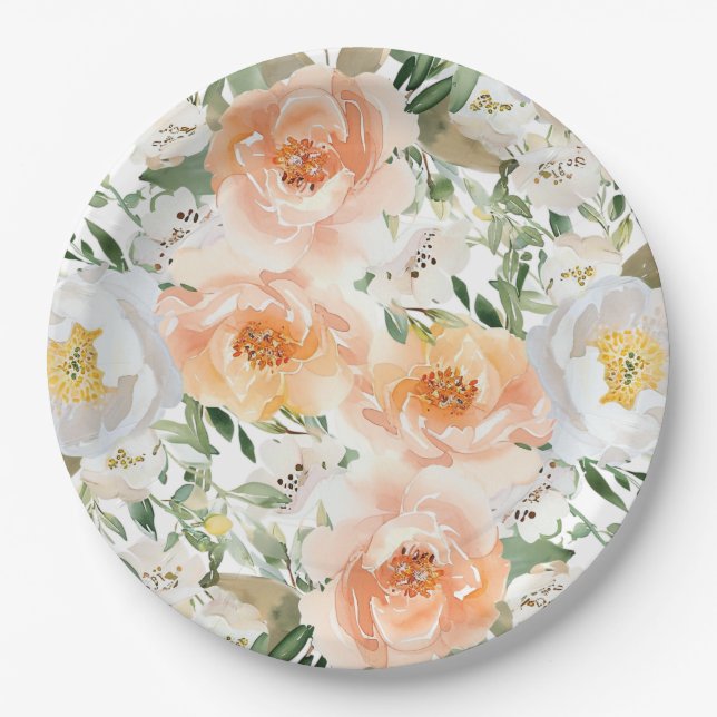 Elegant Peach Floral Baby Bloom Girl Baby Shower Paper Plate (Front)