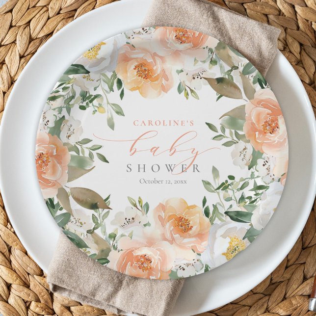 Elegant Peach Floral Baby Bloom Girl Baby Shower Paper Plate (Creator Uploaded)