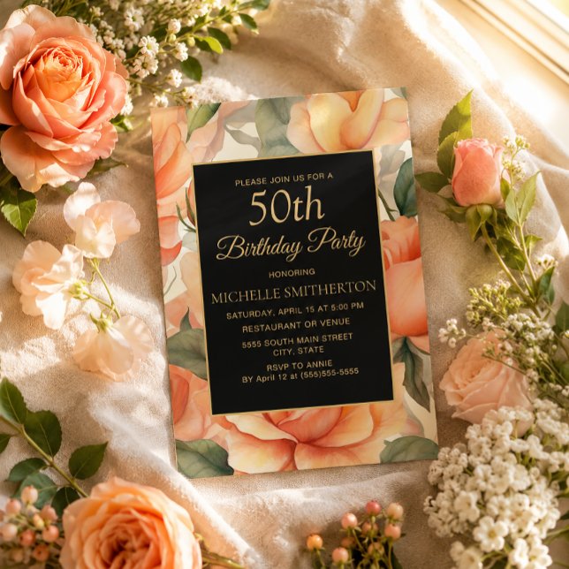 Elegant Peach Floral Black Gold  Invitation (Peach roses on black and gold 50th birthday invitation)