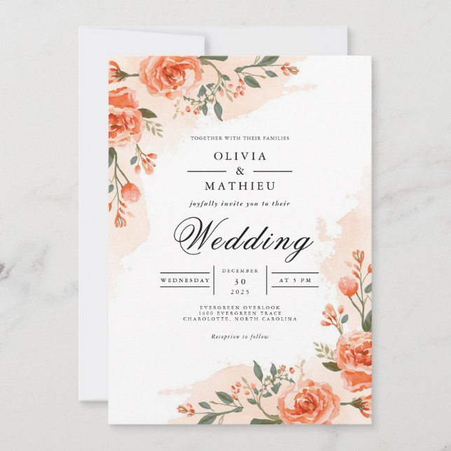 Elegant Peach Floral Border Wedding Invitation (Front)