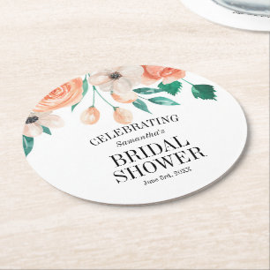 Elegant Peach Floral Bridal Shower Personalised Round Paper Coaster