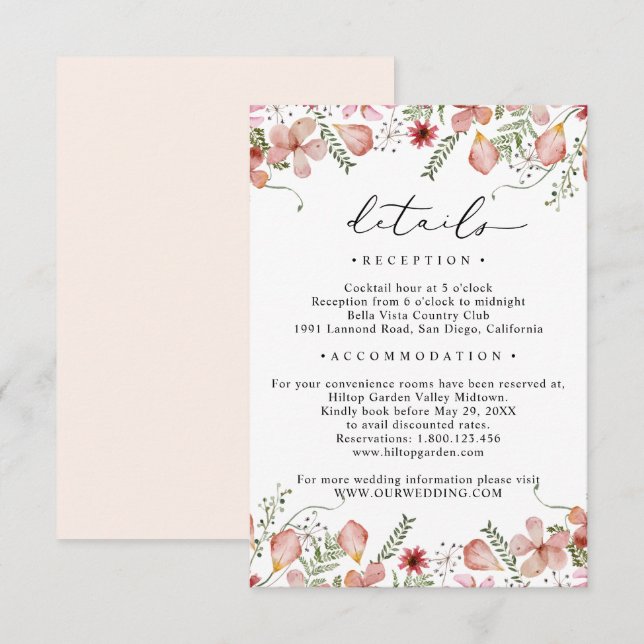 Elegant Peach Floral Details Wedding Enclosure Card (Front/Back)