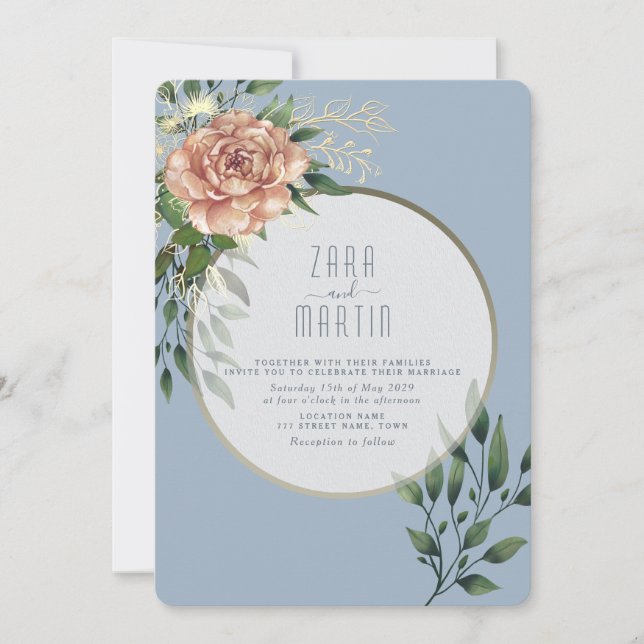 Elegant Peach Floral Dusty Blue Wedding Invitation (Front)