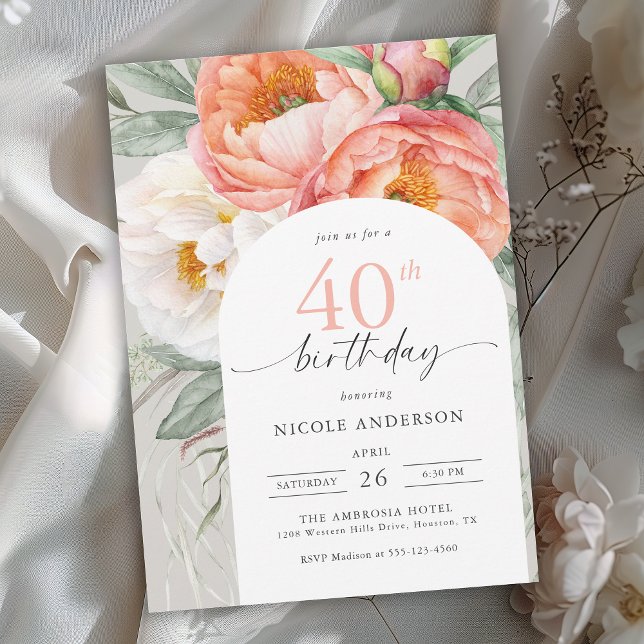 Elegant Peach Floral Feminine 40th Birthday Invitation (Available in both printed and instant download digital formats.)