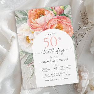 Elegant Peach Floral Feminine 50th Birthday Invitation