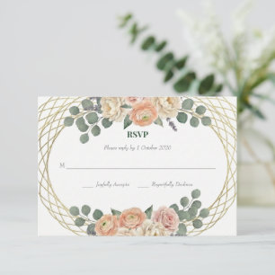Elegant Peach Floral & Gold Lattice Oval Wedding RSVP Card
