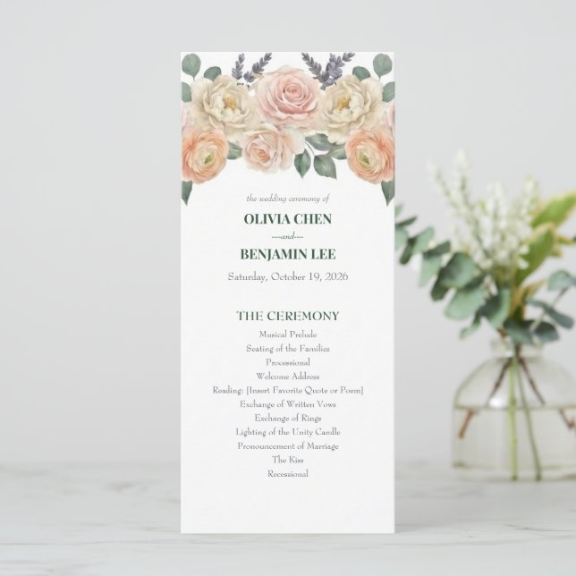 Elegant Peach Floral & Gold Lattice Wedding Programme (Standing Front)