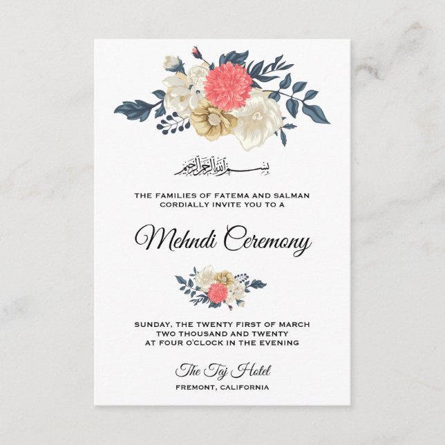 Elegant Peach Floral Islamic Mehndi Ceremony Enclosure Card (Front)