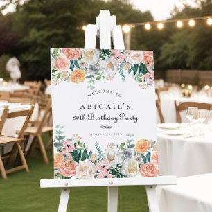 Elegant Peach Floral Leaf 80th Birthday Party Sign