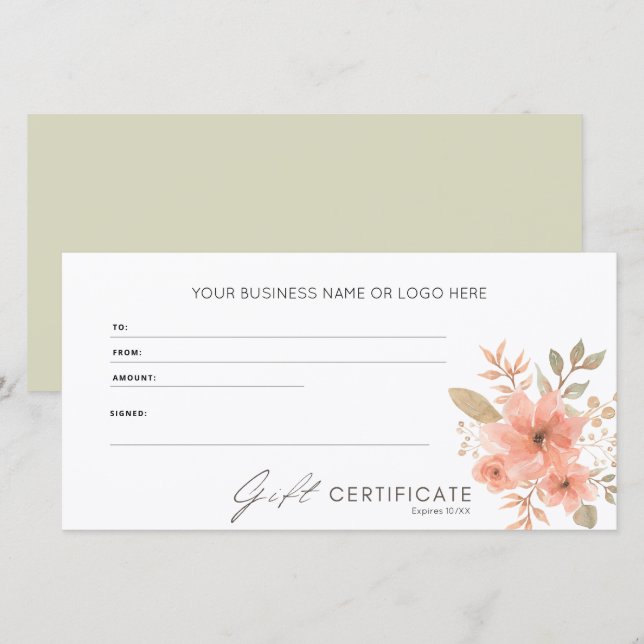 Elegant Peach Floral Logo Gift Certificate (Front/Back)