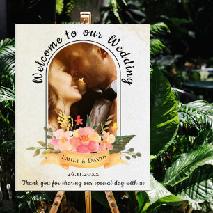 Elegant Peach Floral Photo Arch Wedding Welcome Poster
