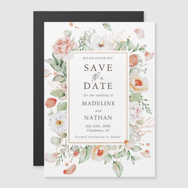 Elegant Peach Floral Save the Date Magnetic Invitation (Front/Back)